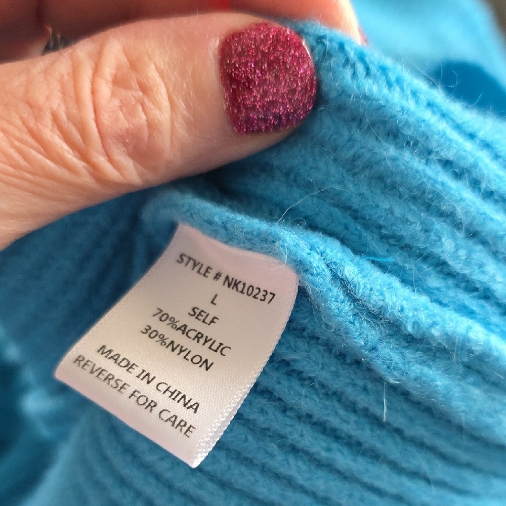 EUC Lumiere Large Vibrant Aqua Blue Cowl Neck Sweater - Picture 5 of 6